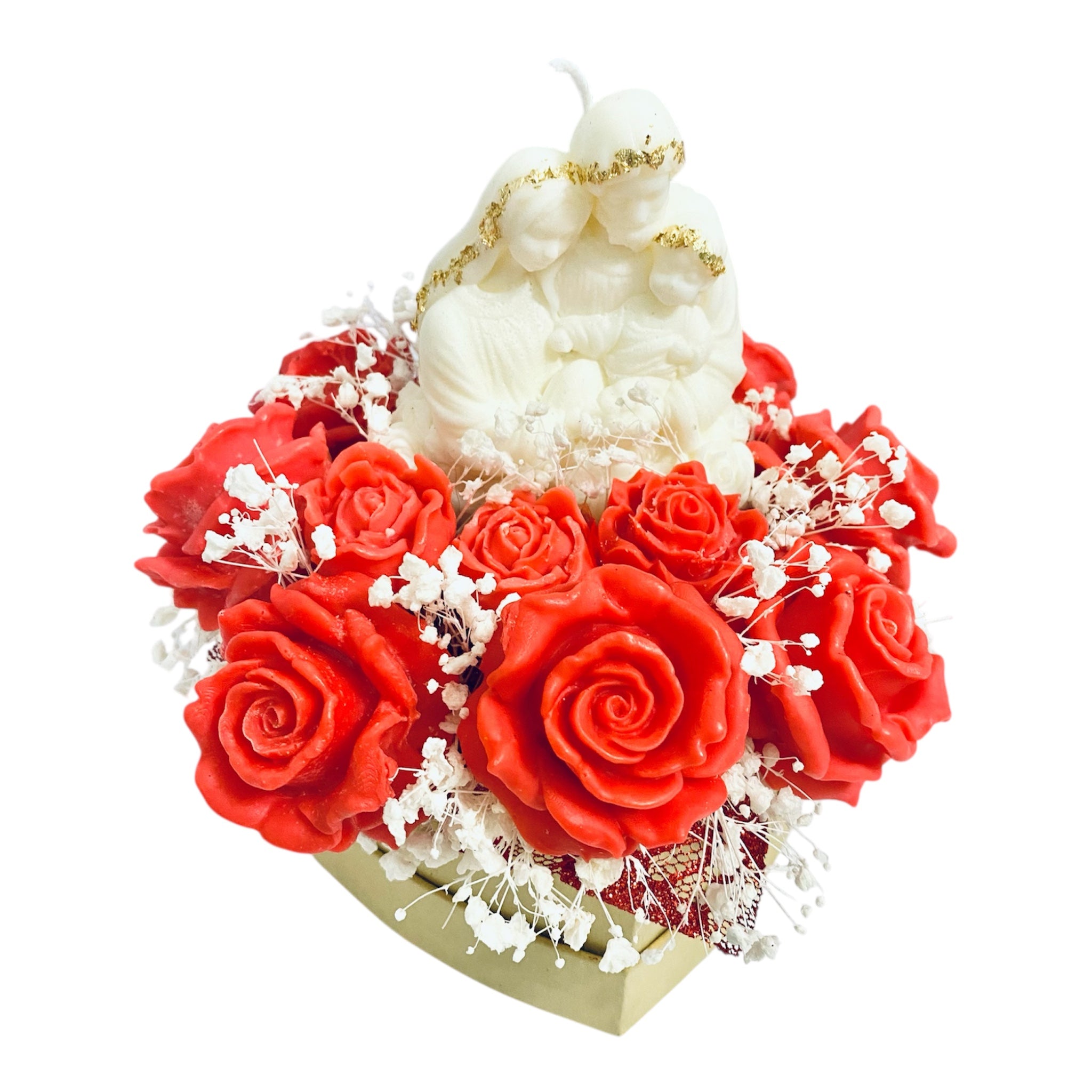 Candela Scultura "Sacra Famiglia" in Scatola di Rose Rosse - Regalo