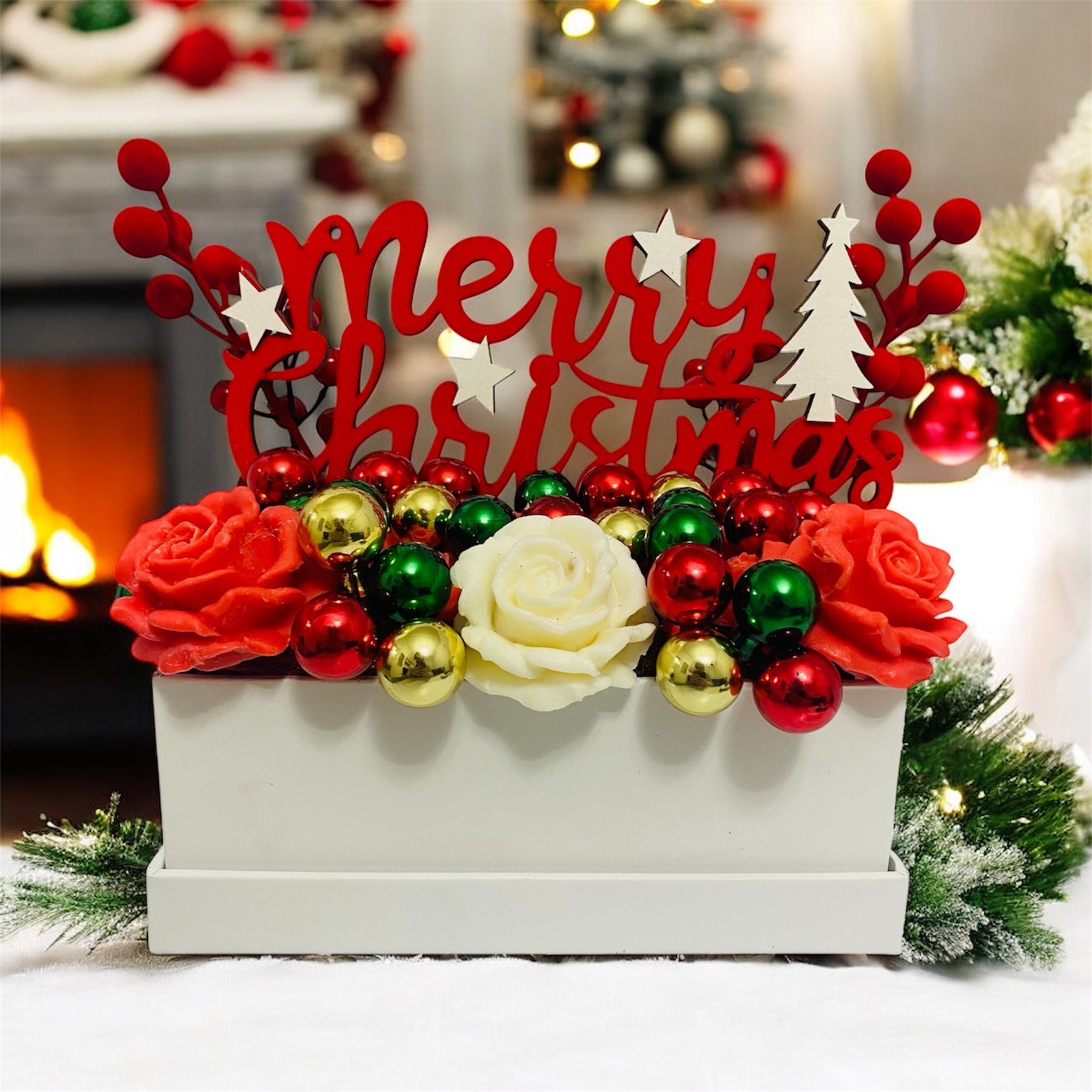 Centrotavola Natalizio con Candele a Rosa – “Merry Christmas” Edizione Limitata